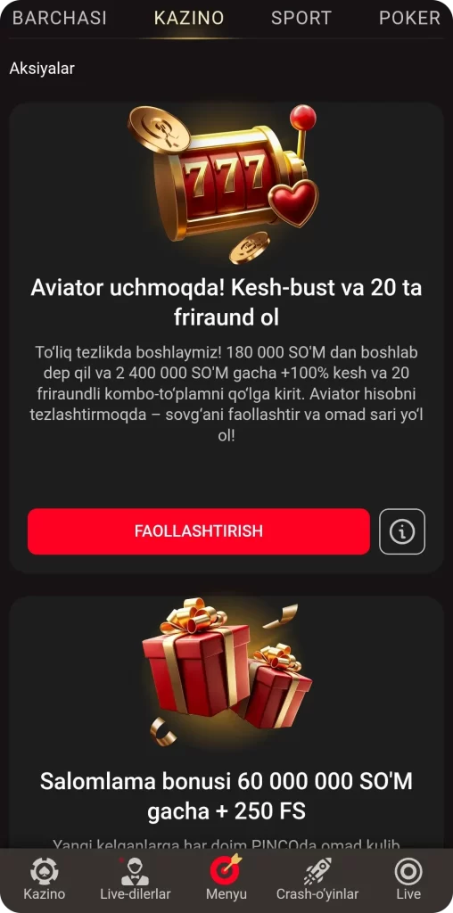 Kazino o'ynash uchun bonus