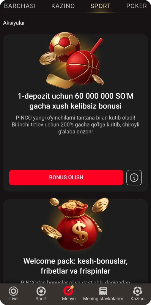 Sport tikish uchun bonus