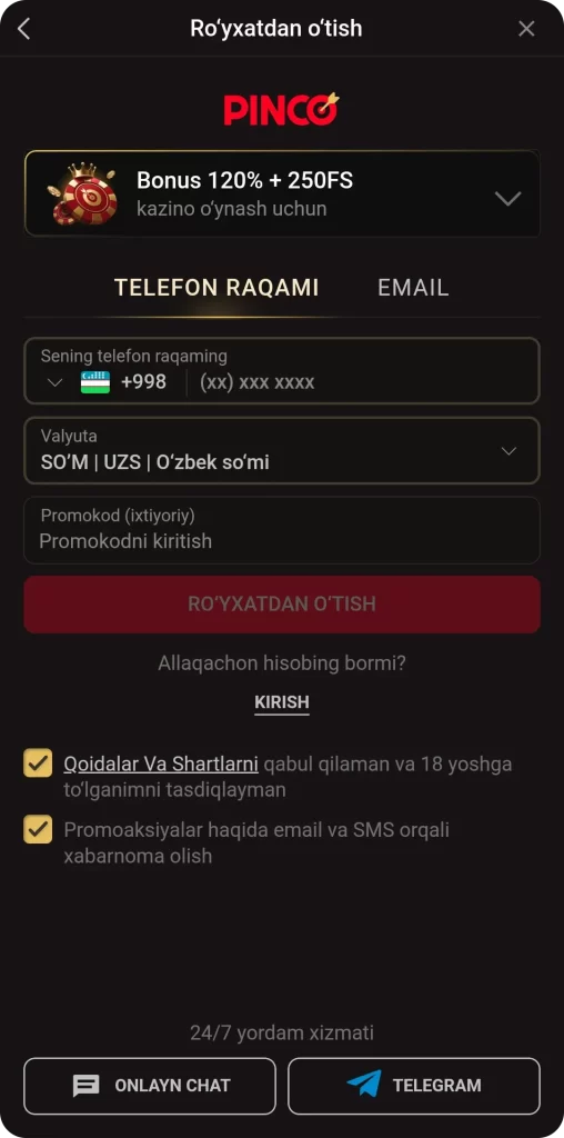 Pinco ilovasida ro'yxatdan o'tish